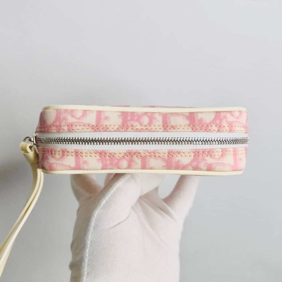 Christian Dior CD Diorissimo Pink Oblique Monogram Logo Zip Wrislet Cosmetic Pouch Clutch Case