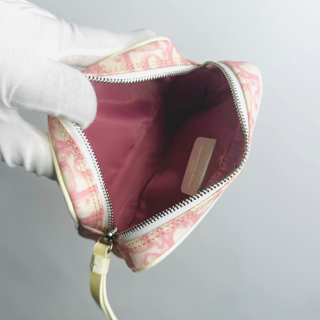 Christian Dior CD Diorissimo Pink Oblique Monogram Logo Zip Wrislet Cosmetic Pouch Clutch Case