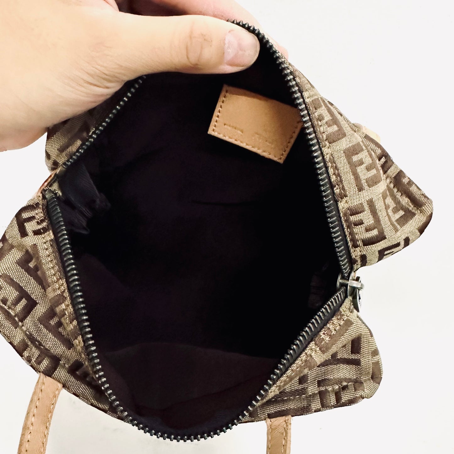Fendi Dark Brown Zucca FF Monogram Logo Mini Bucket Dumpling Zip Tote Bag