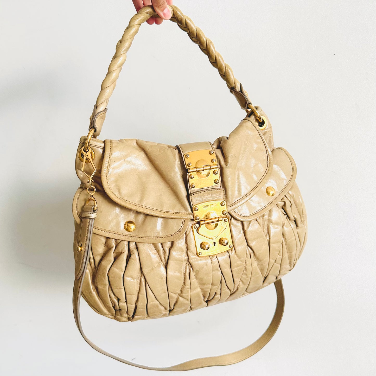 Miu Miu Beige GHW Matelasse Lux Leather Classic Logo Bauletto Hobo Shopper Shoulder Sling Baguette Bag