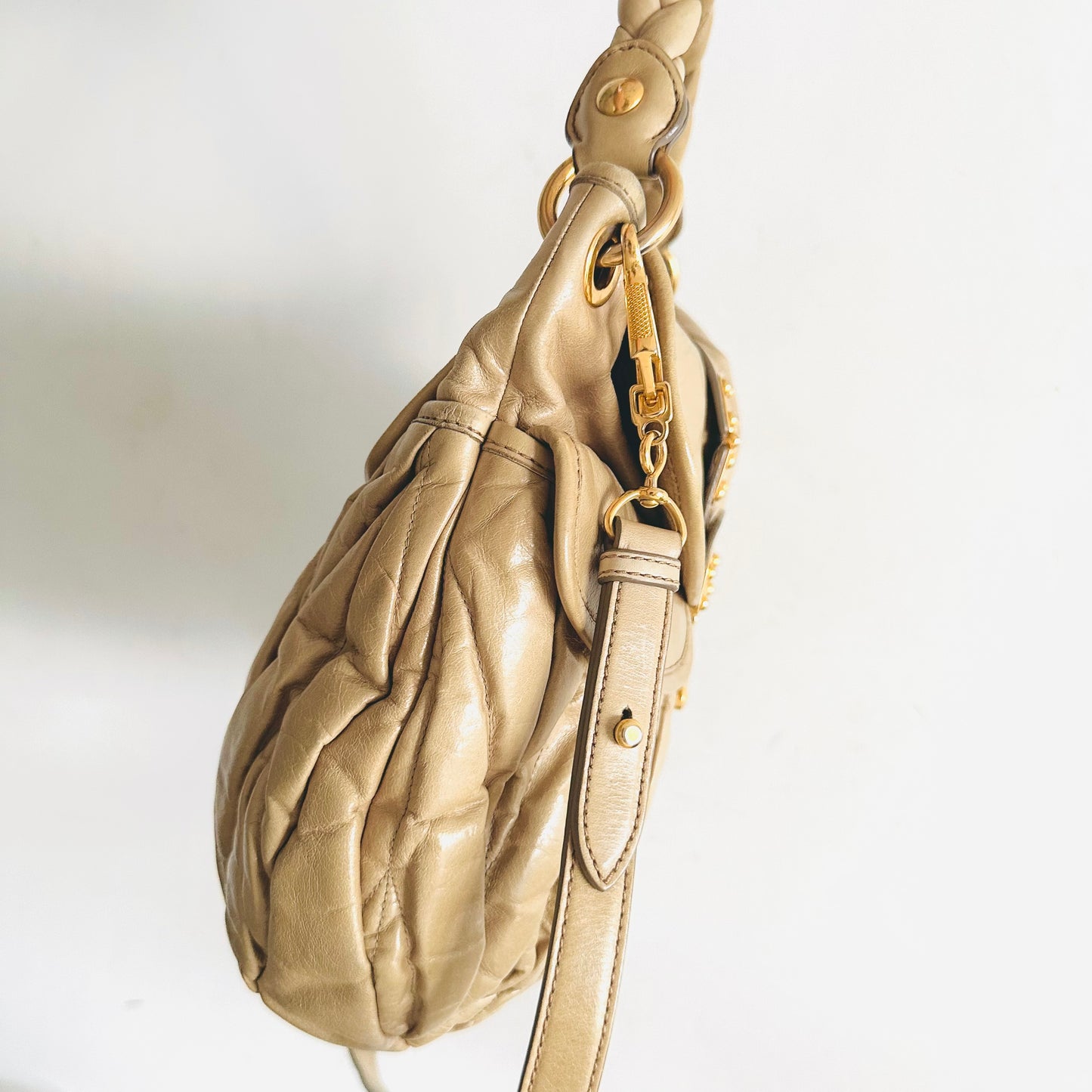 Miu Miu Beige GHW Matelasse Lux Leather Classic Logo Bauletto Hobo Shopper Shoulder Sling Baguette Bag