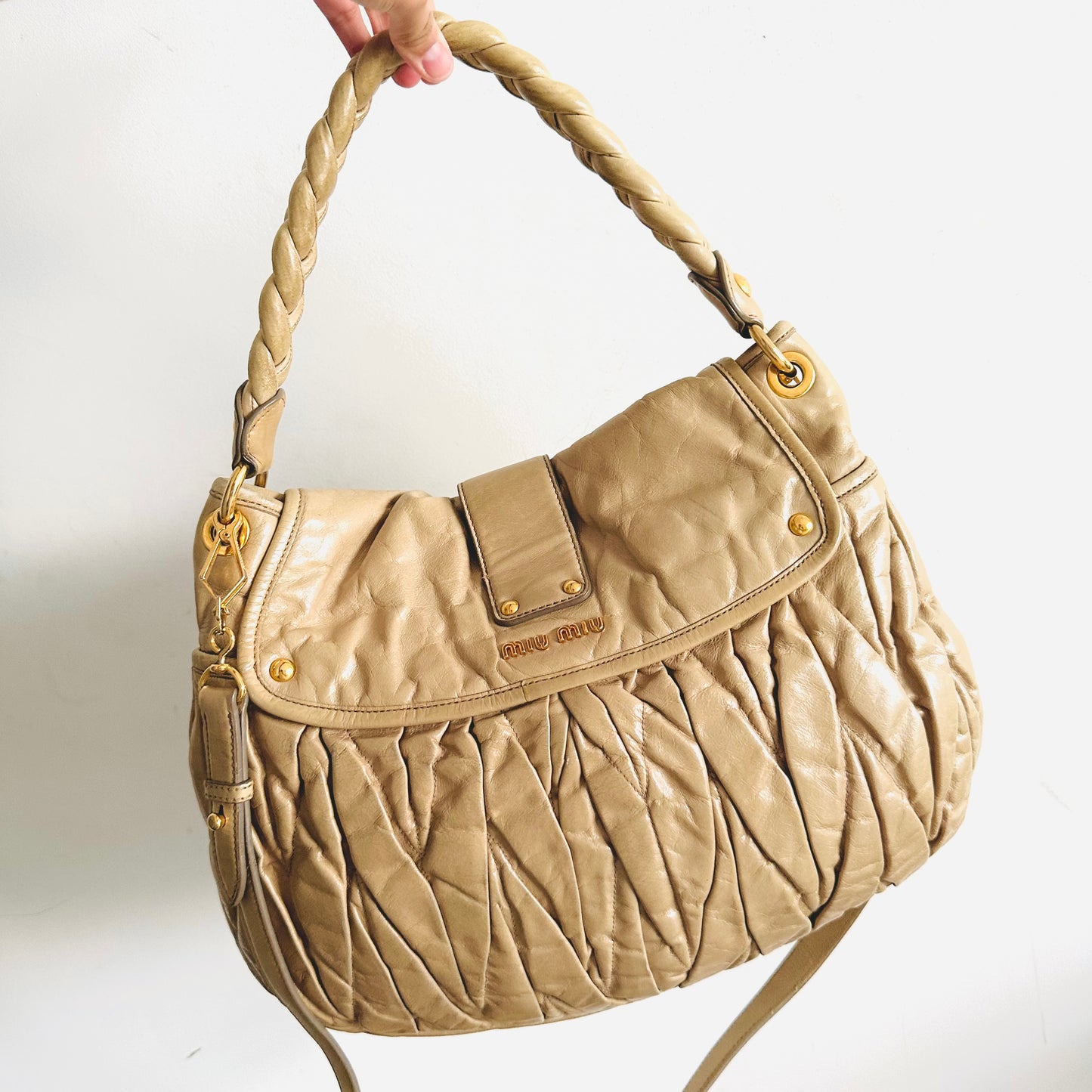 Miu Miu Beige GHW Matelasse Lux Leather Classic Logo Bauletto Hobo Shopper Shoulder Sling Baguette Bag
