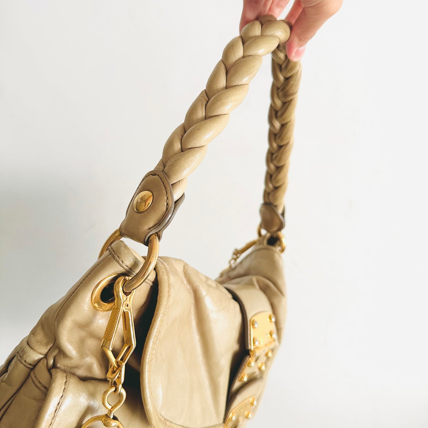 Miu Miu Beige GHW Matelasse Lux Leather Classic Logo Bauletto Hobo Shopper Shoulder Sling Baguette Bag