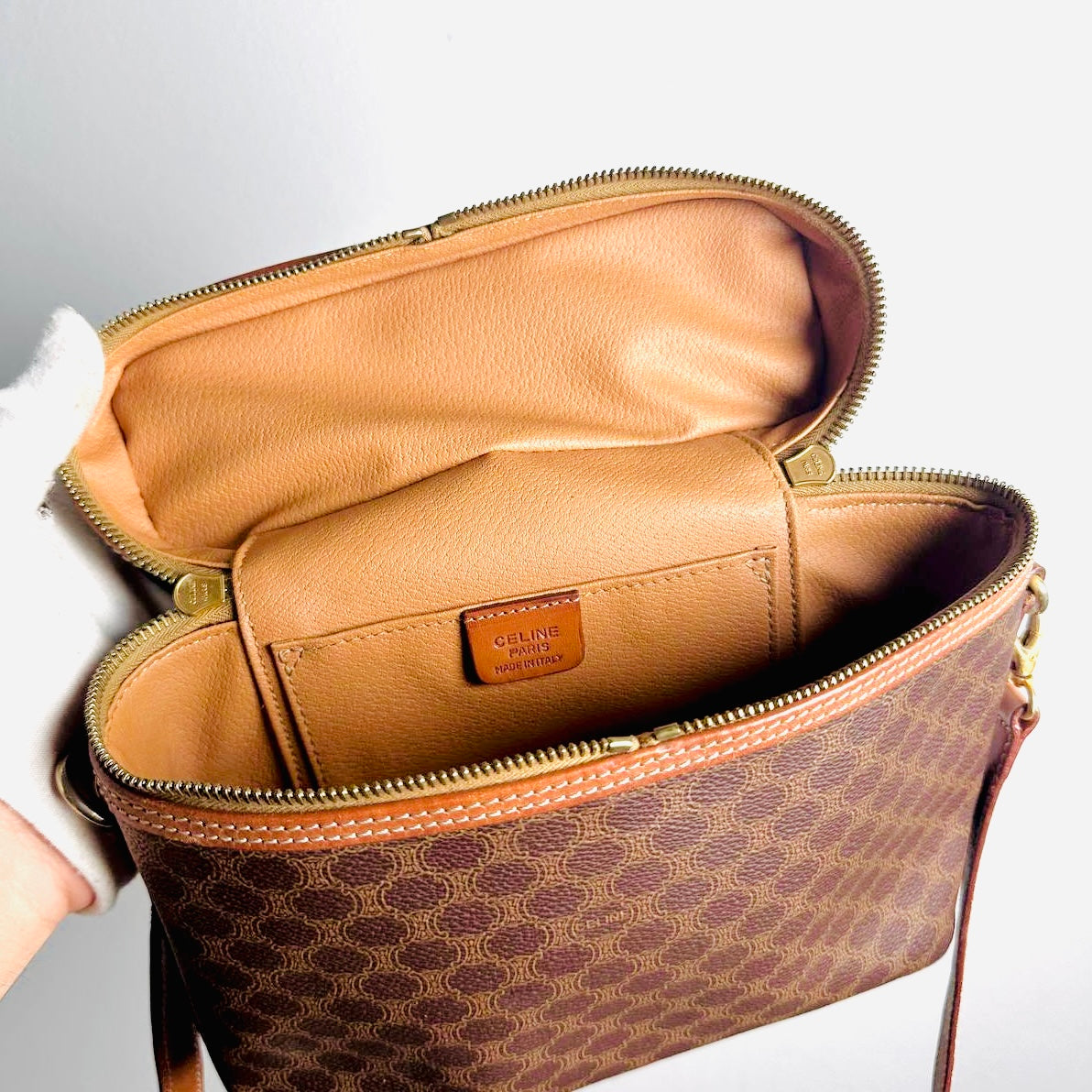 Celine Triomphe Macadam Monogram Logo GHW Vintage Vanity Case 2-Way Shoulder Sling Top Handle Bag