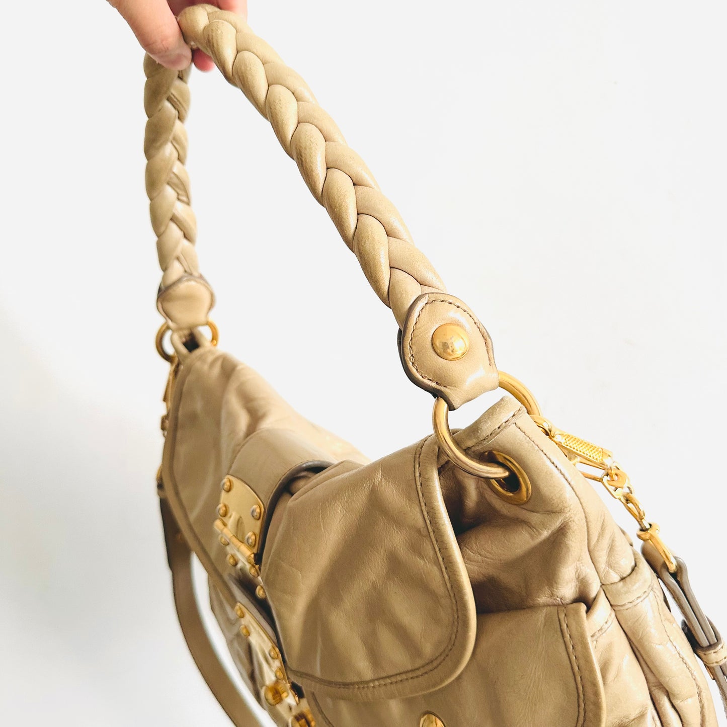 Miu Miu Beige GHW Matelasse Lux Leather Classic Logo Bauletto Hobo Shopper Shoulder Sling Baguette Bag