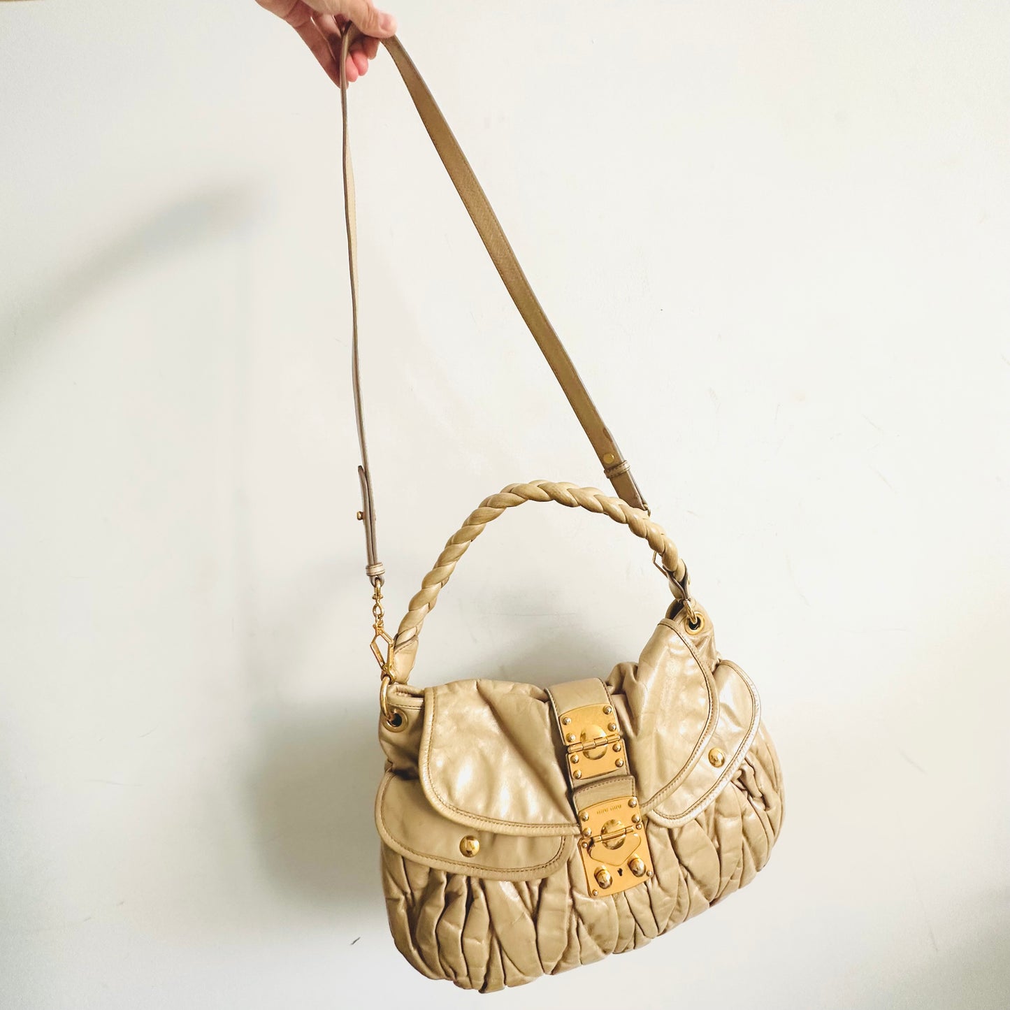 Miu Miu Beige GHW Matelasse Lux Leather Classic Logo Bauletto Hobo Shopper Shoulder Sling Baguette Bag