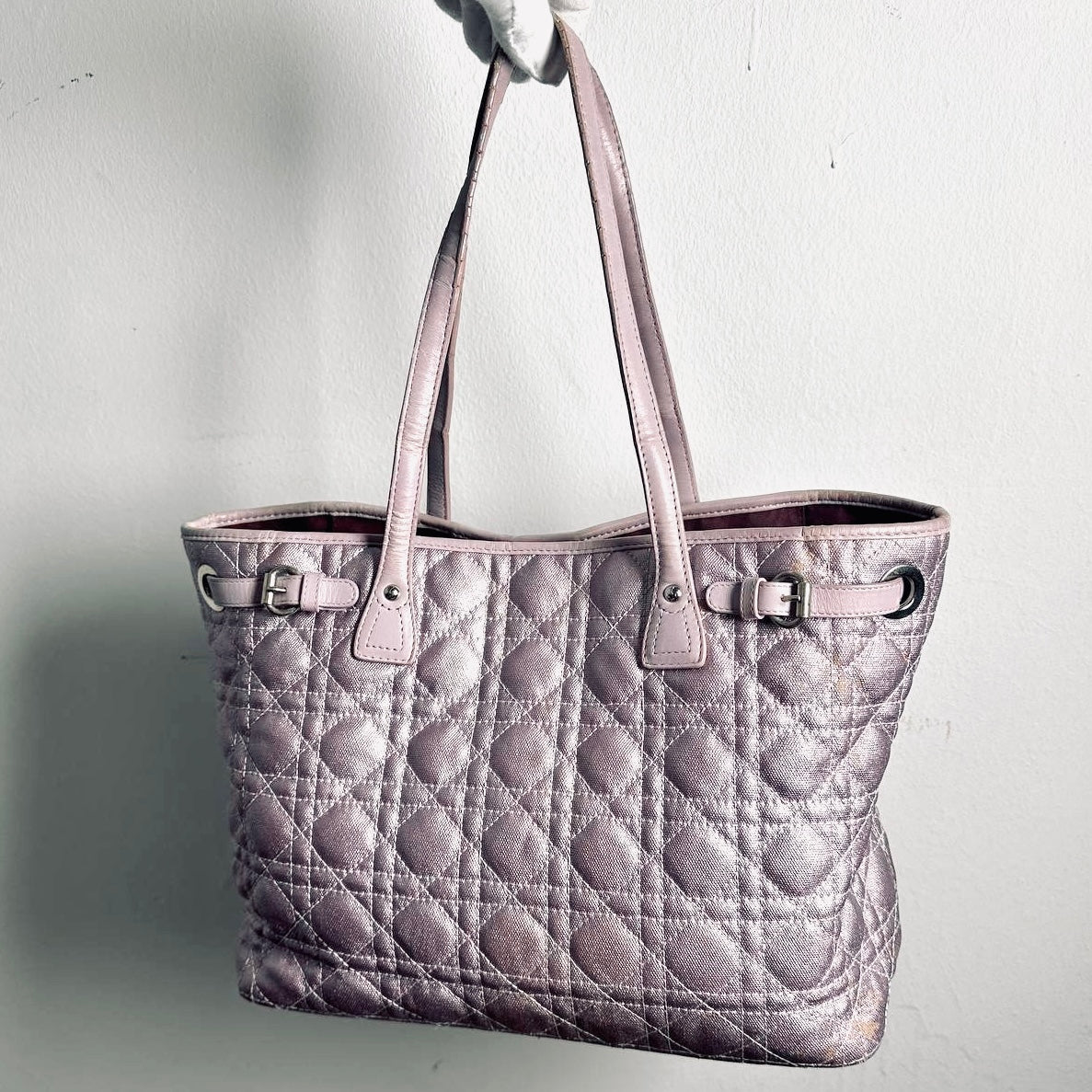 Christian Dior CD Lady Dior Panarea Lavender Purple Cannage Quilted Fabric Medium Shopper Shoulder Tote Bag