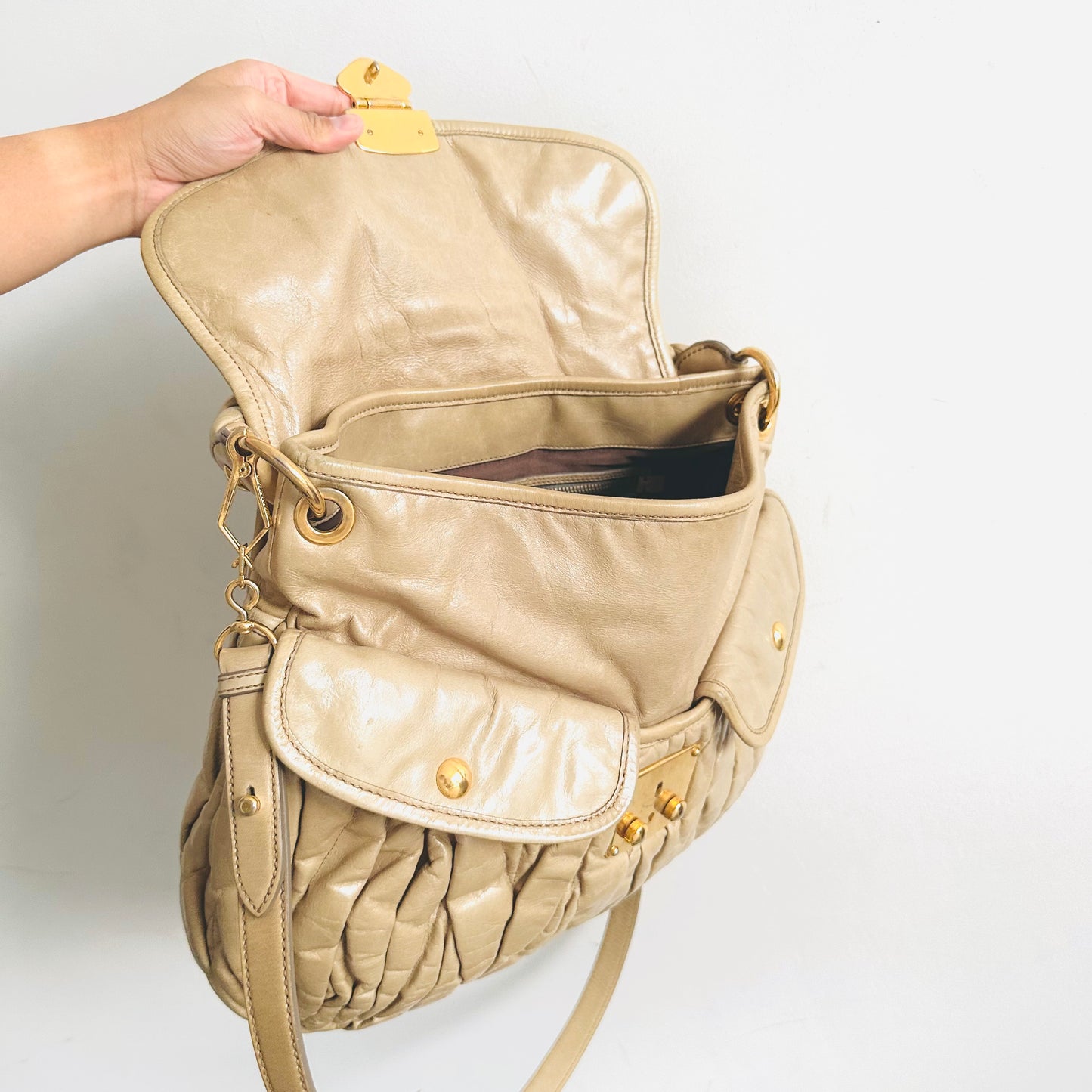 Miu Miu Beige GHW Matelasse Lux Leather Classic Logo Bauletto Hobo Shopper Shoulder Sling Baguette Bag