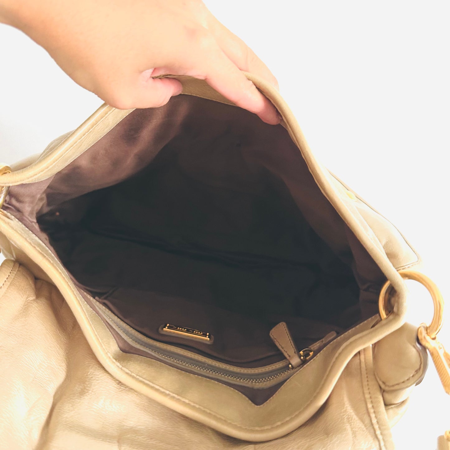 Miu Miu Beige GHW Matelasse Lux Leather Classic Logo Bauletto Hobo Shopper Shoulder Sling Baguette Bag