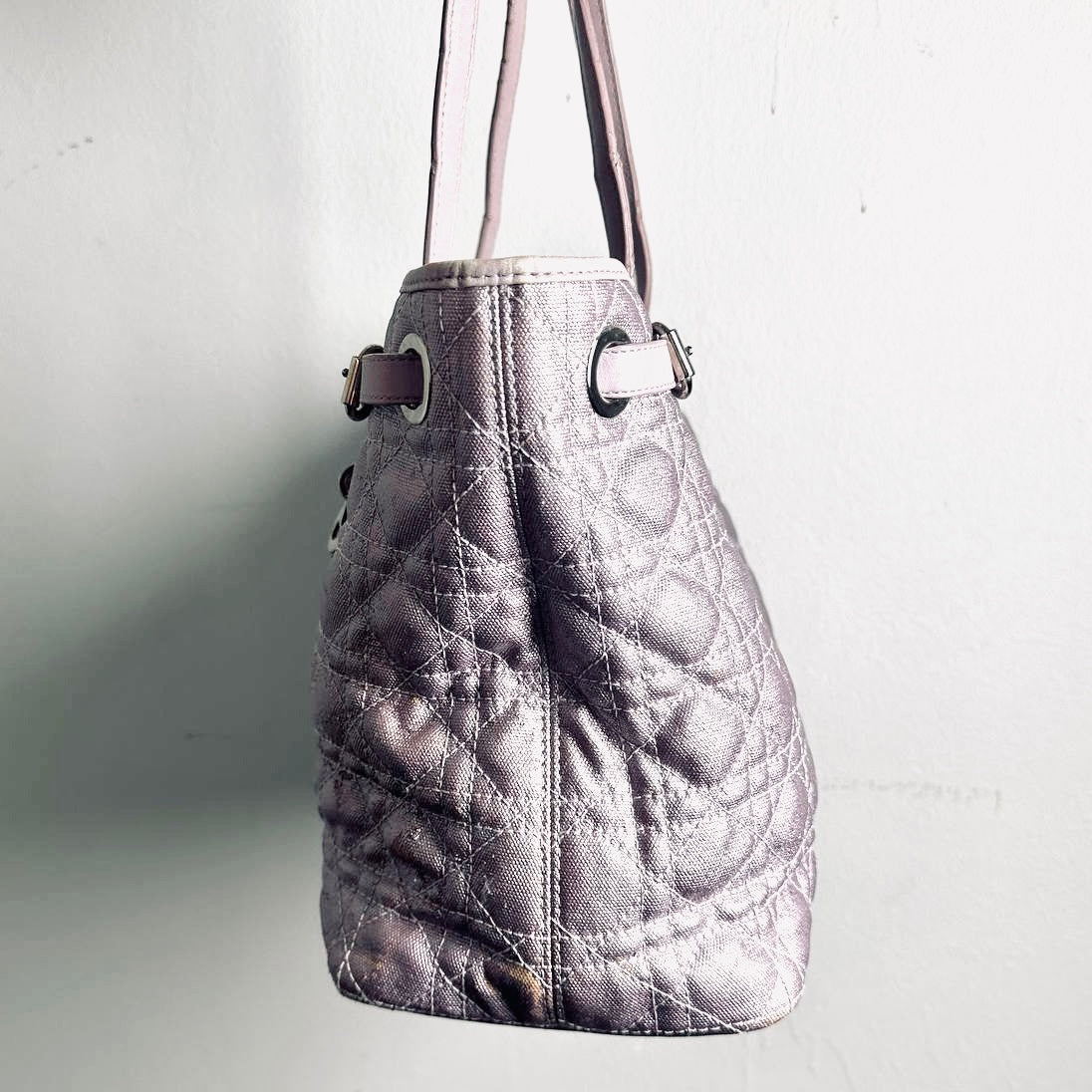 Christian Dior CD Lady Dior Panarea Lavender Purple Cannage Quilted Fabric Medium Shopper Shoulder Tote Bag