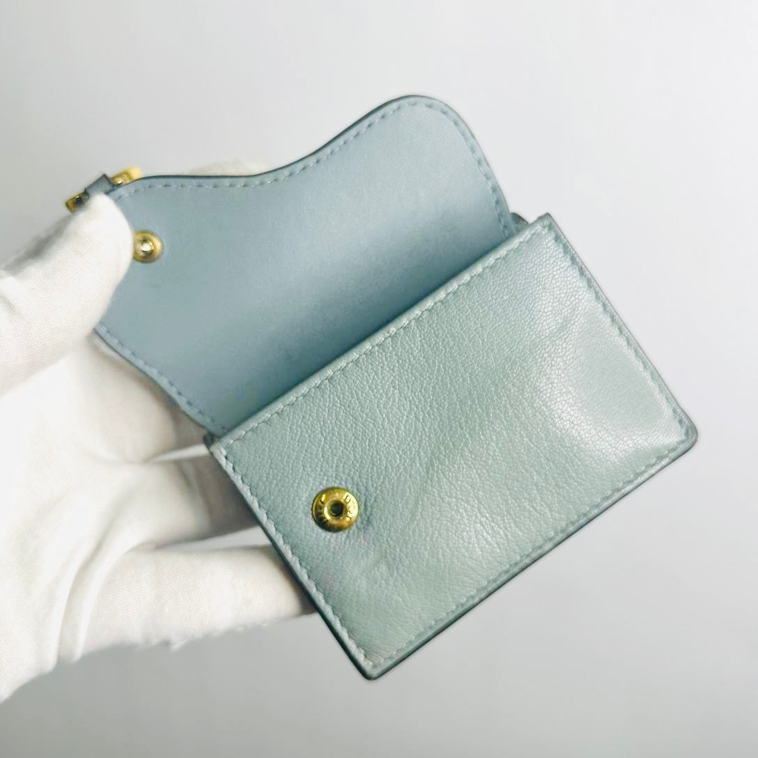 Christian Dior CD Cloud Grey Blue GHW Saddle Lotus Oblique Monogram Logo Flap Compact Trifold Wallet