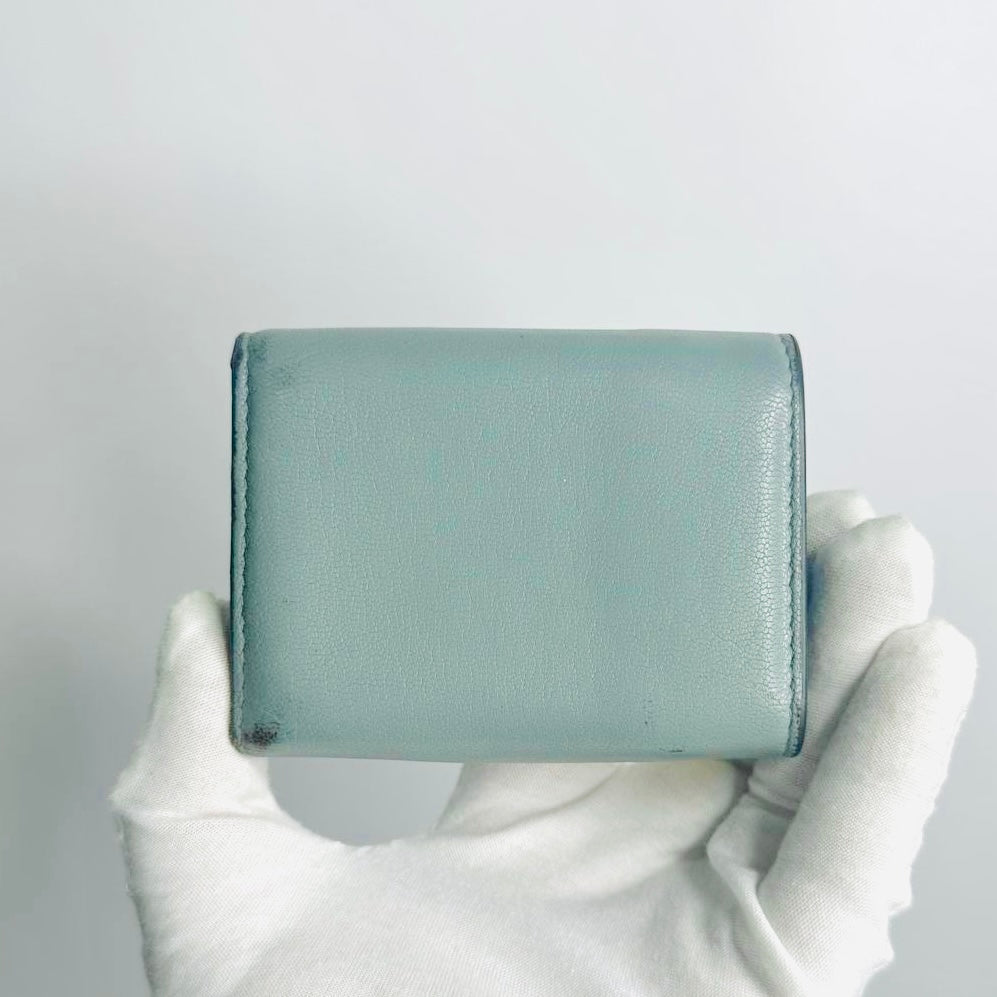 Christian Dior CD Cloud Grey Blue GHW Saddle Lotus Oblique Monogram Logo Flap Compact Trifold Wallet