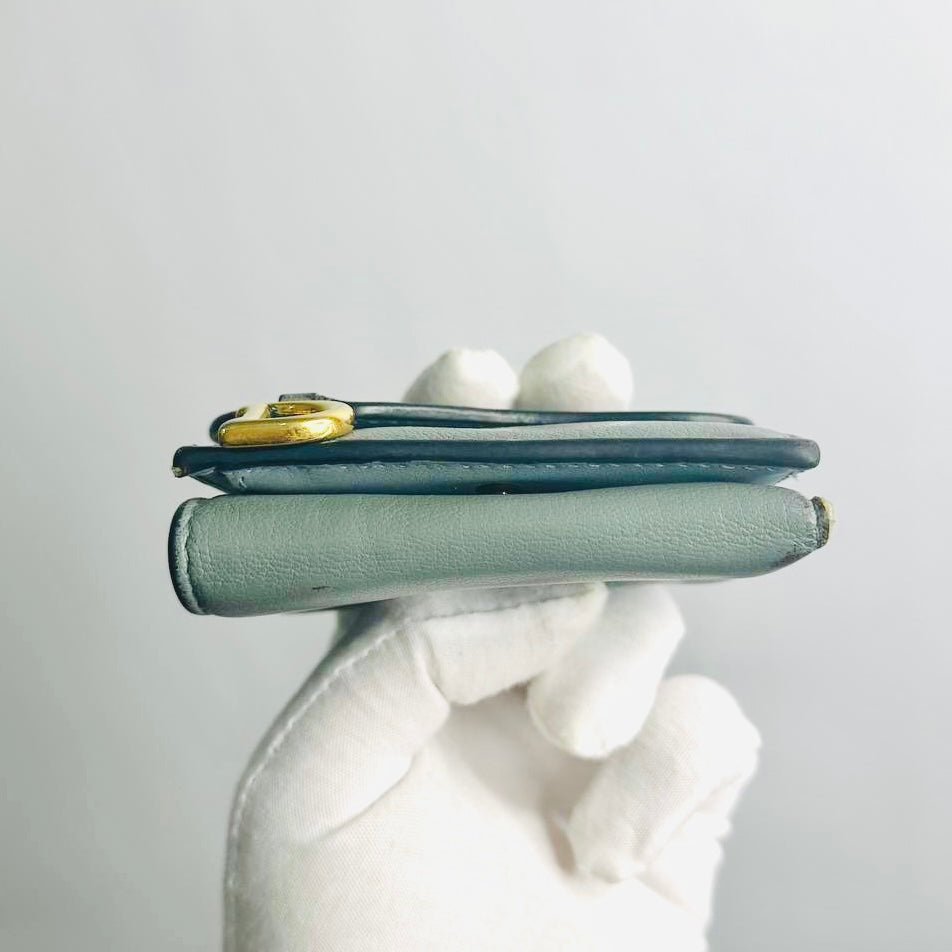Christian Dior CD Cloud Grey Blue GHW Saddle Lotus Oblique Monogram Logo Flap Compact Trifold Wallet