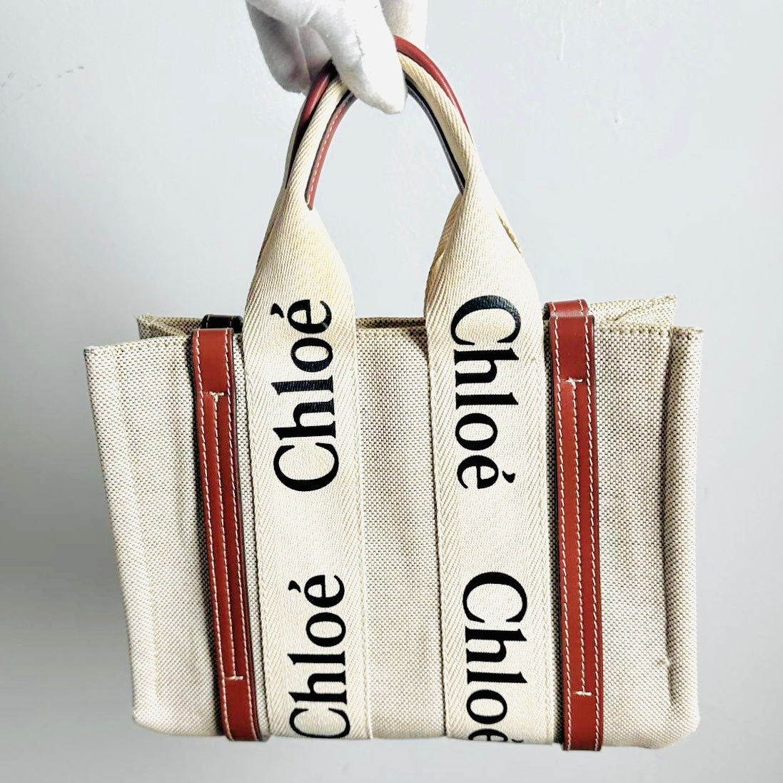 Chloe Woody Beige / Brown Monogram Logo 2-Way Small Shopper Shoulder Sling Tote Bag
