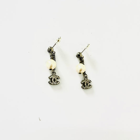 Chanel Classic CC Monogram Logo Pearl & Crystals Silver Dangling Vintage Stud Earrings