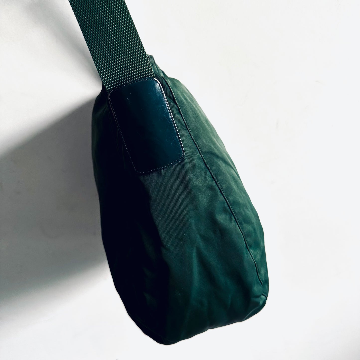 Prada Tessuto Dark Green Classic Logo Nylon Hobo Baguette Shoulder Sling Bag