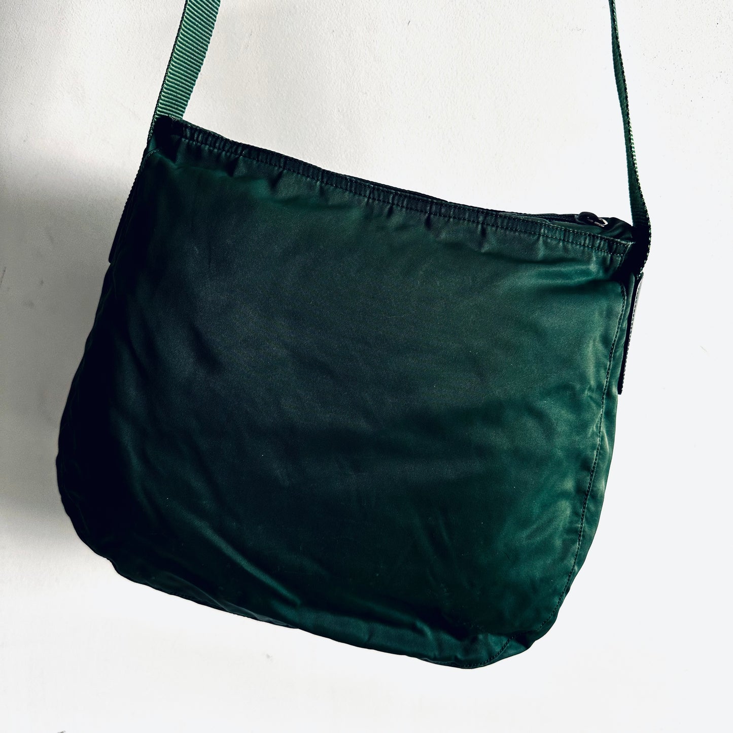 Prada Tessuto Dark Green Classic Logo Nylon Hobo Baguette Shoulder Sling Bag