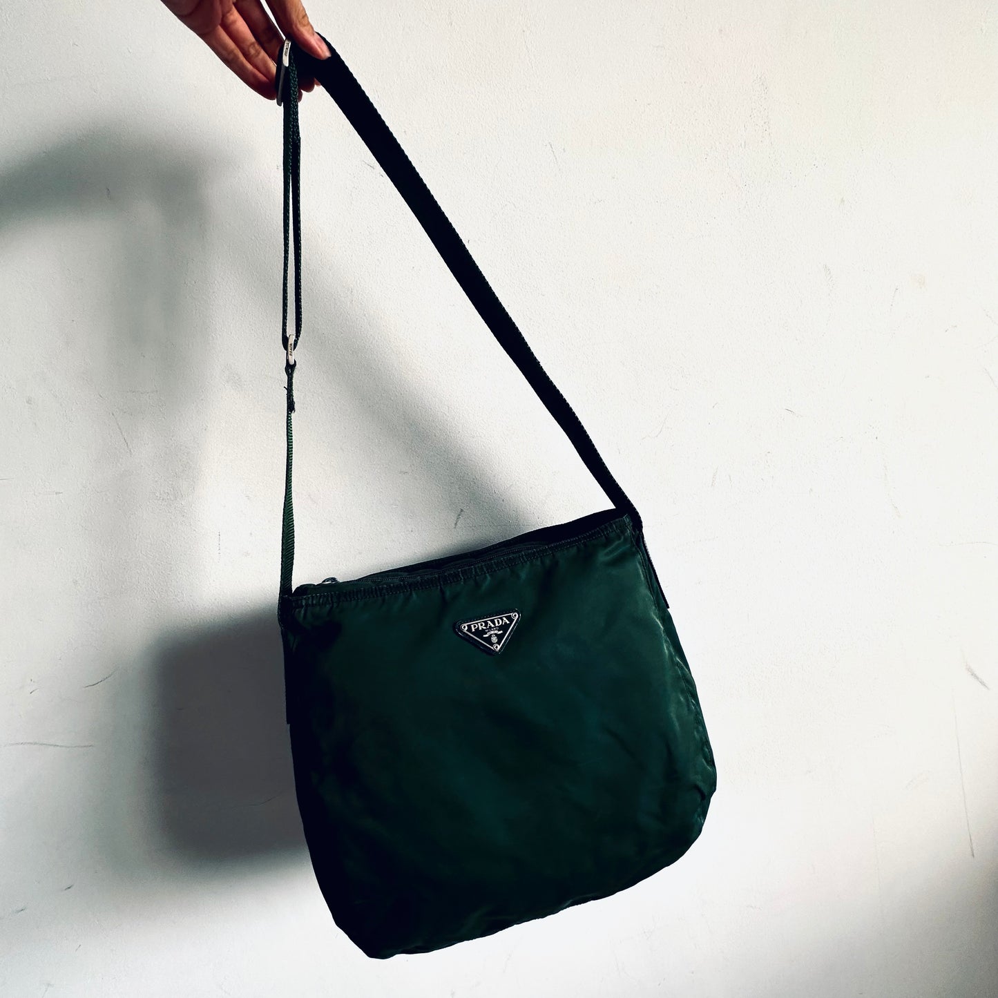 Prada Tessuto Dark Green Classic Logo Nylon Hobo Baguette Shoulder Sling Bag