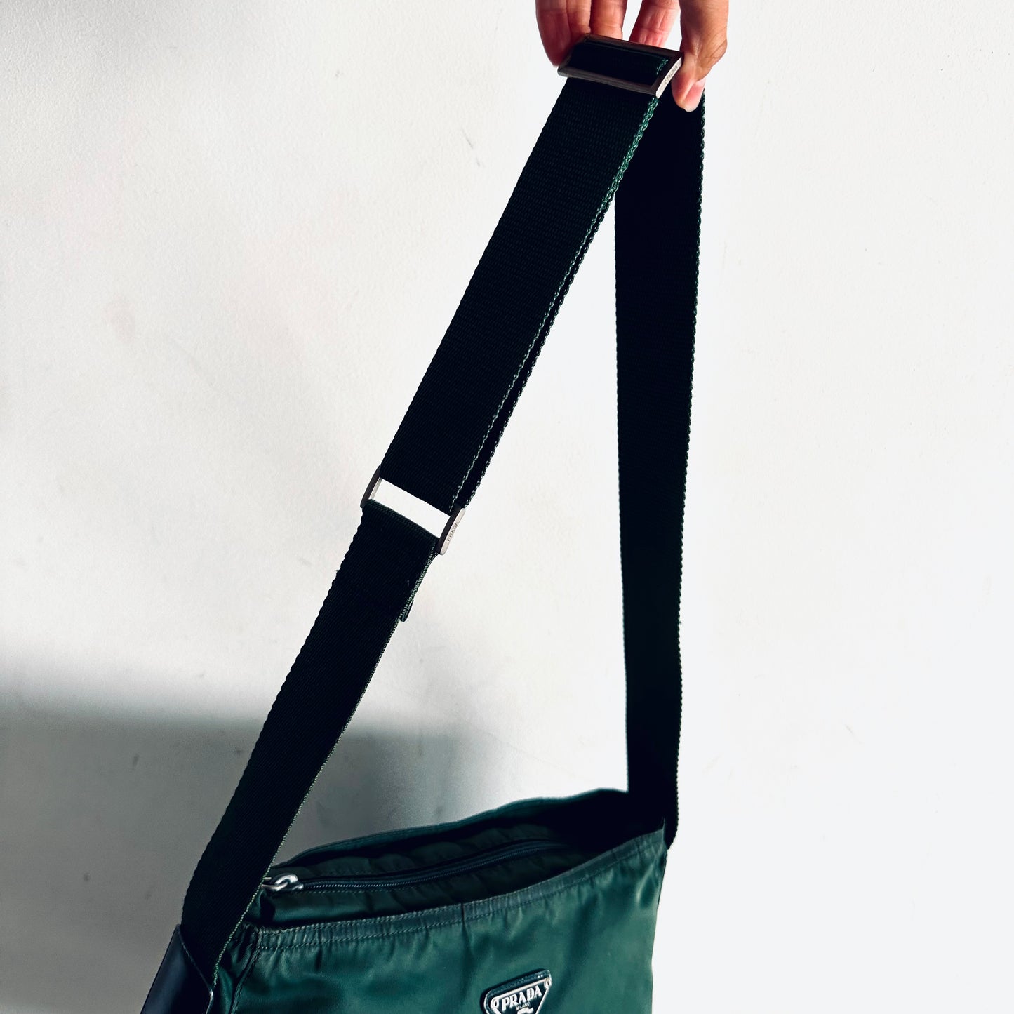 Prada Tessuto Dark Green Classic Logo Nylon Hobo Baguette Shoulder Sling Bag