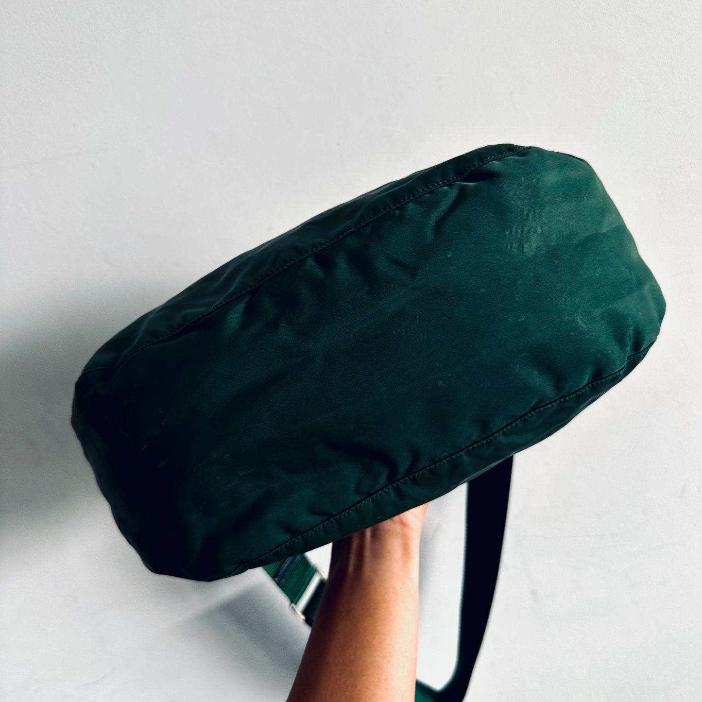 Prada Tessuto Dark Green Classic Logo Nylon Hobo Baguette Shoulder Sling Bag