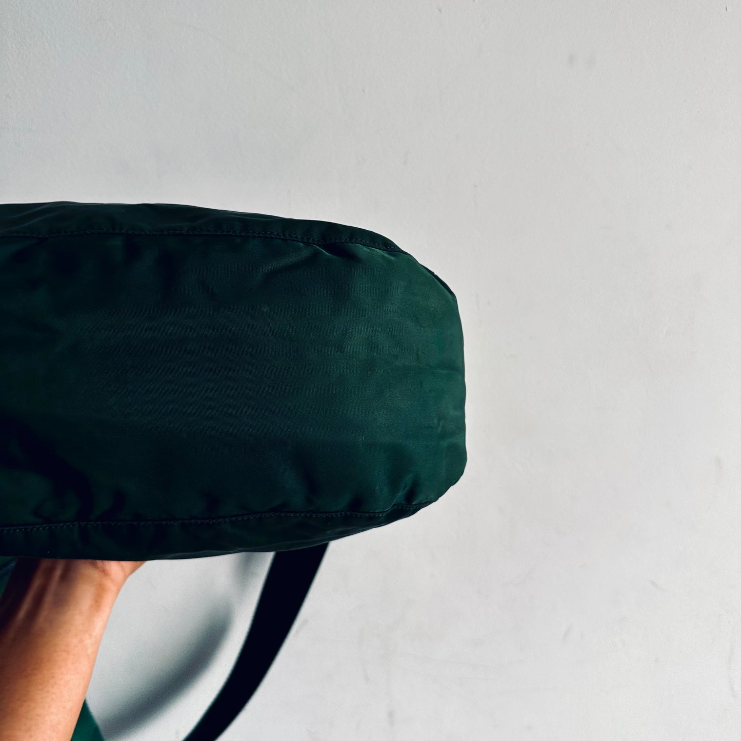 Prada Tessuto Dark Green Classic Logo Nylon Hobo Baguette Shoulder Sling Bag