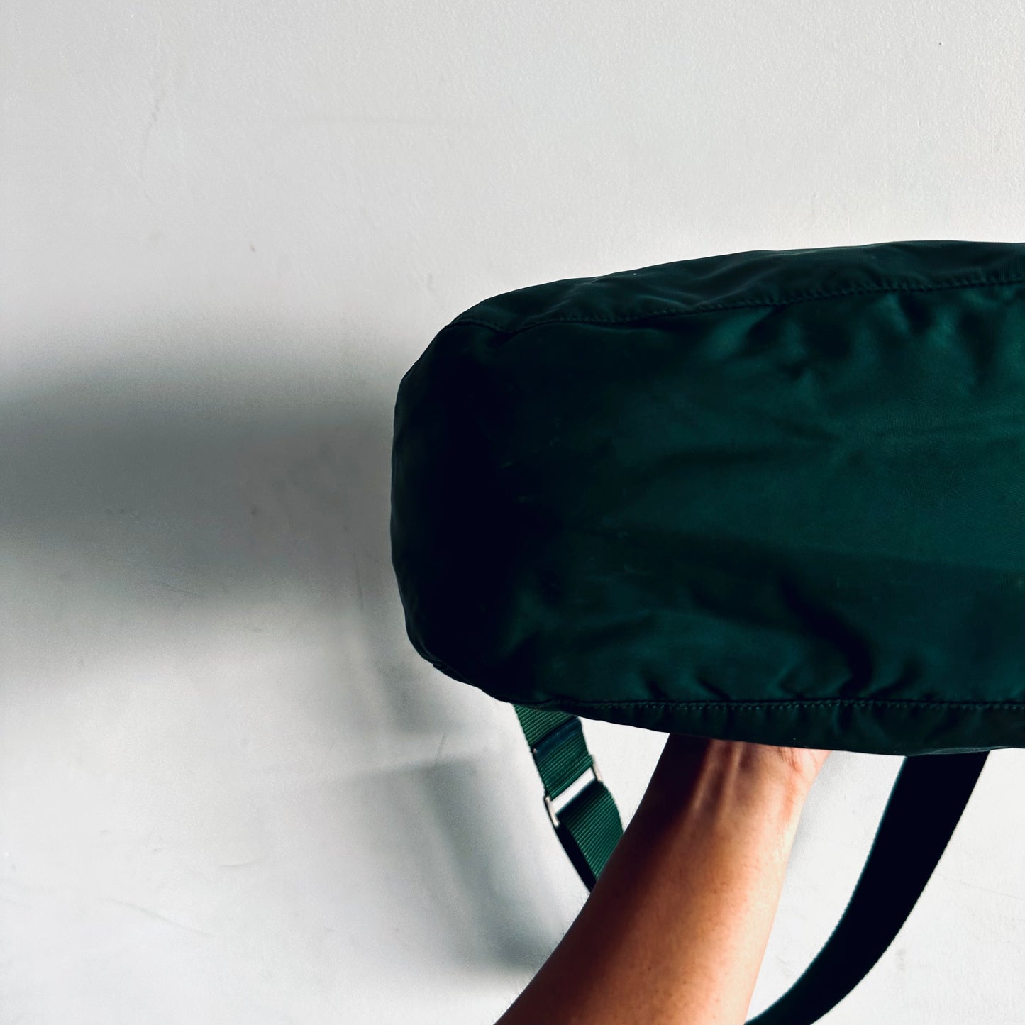 Prada Tessuto Dark Green Classic Logo Nylon Hobo Baguette Shoulder Sling Bag