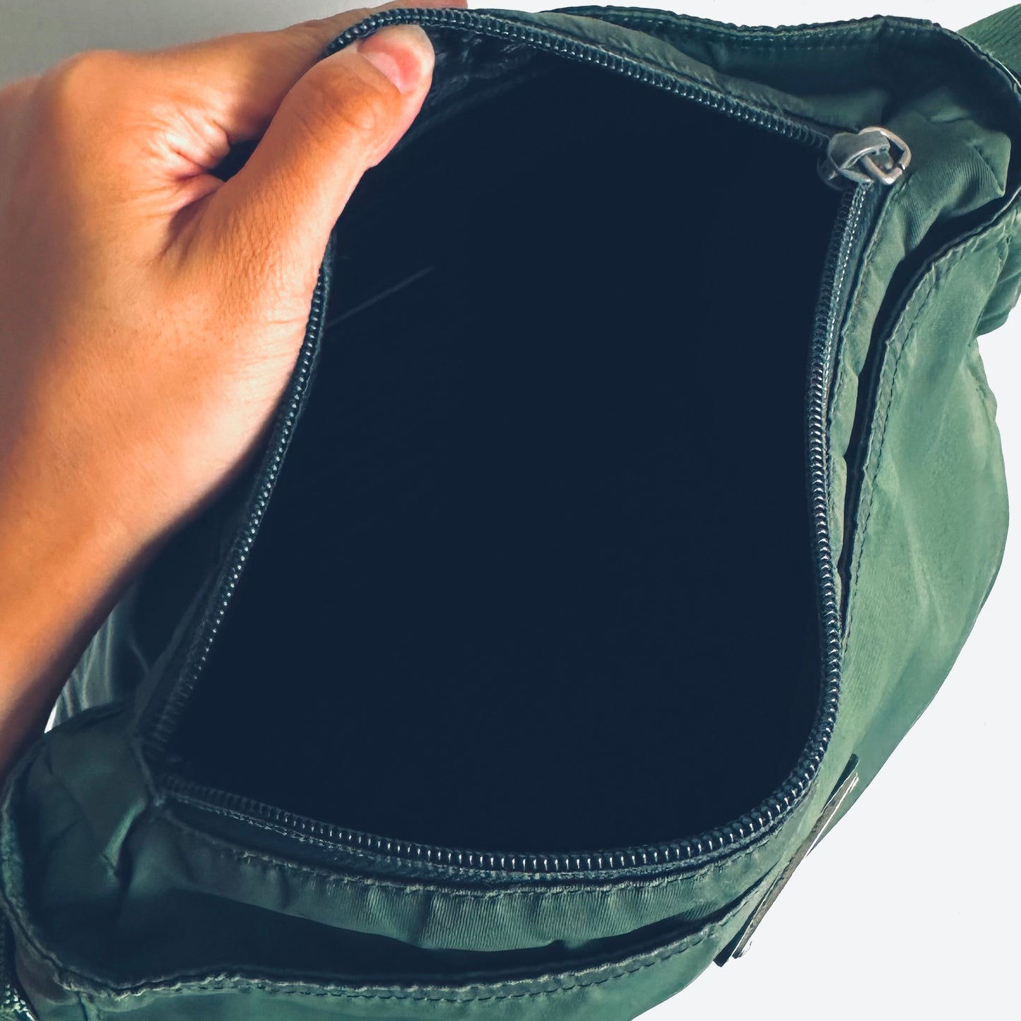 Prada Tessuto Dark Green Classic Logo Nylon Hobo Baguette Shoulder Sling Bag