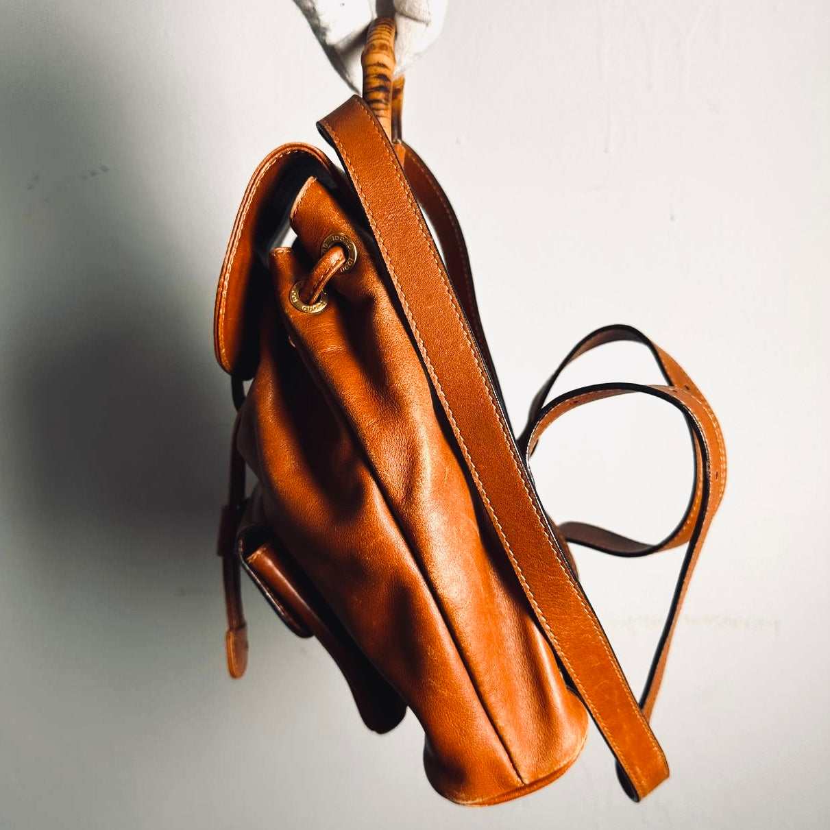 Gucci Caramel Brown GHW Bamboo Handle Small Leather Monogram Logo Flap Backpack Bag