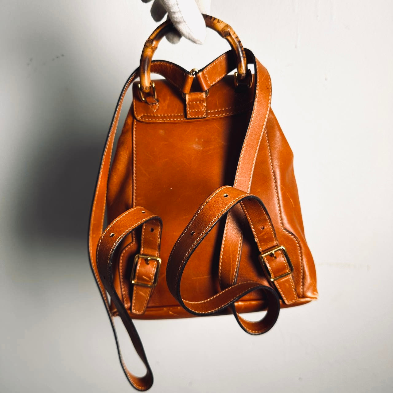Gucci Caramel Brown GHW Bamboo Handle Small Leather Monogram Logo Flap Backpack Bag