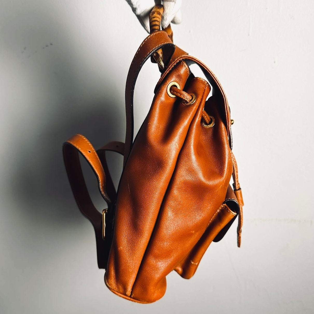 Gucci Caramel Brown GHW Bamboo Handle Small Leather Monogram Logo Flap Backpack Bag