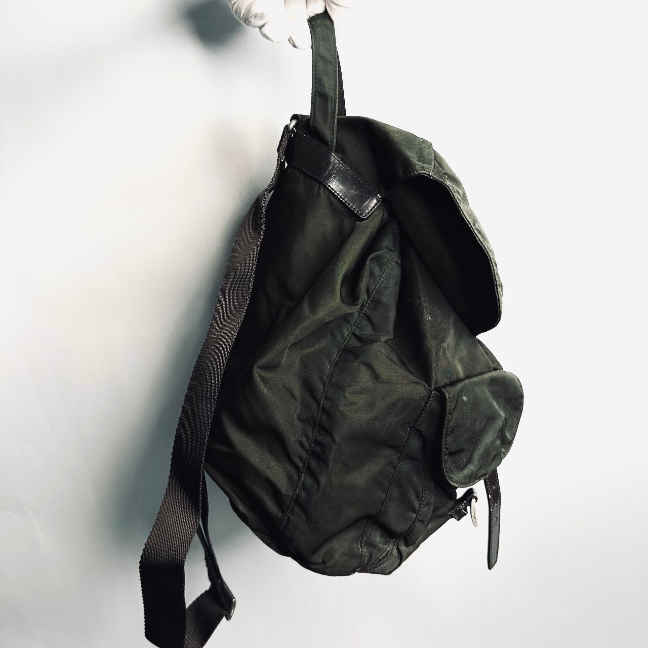 Prada Dark Khaki Classic Tessuto Monogram Logo Nylon & Leather Backpack Flap Drawstring Bag