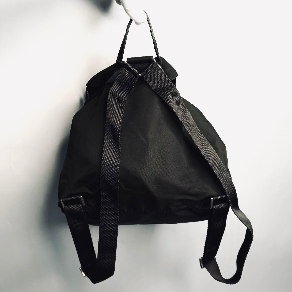 Prada Dark Khaki Classic Tessuto Monogram Logo Nylon & Leather Backpack Flap Drawstring Bag
