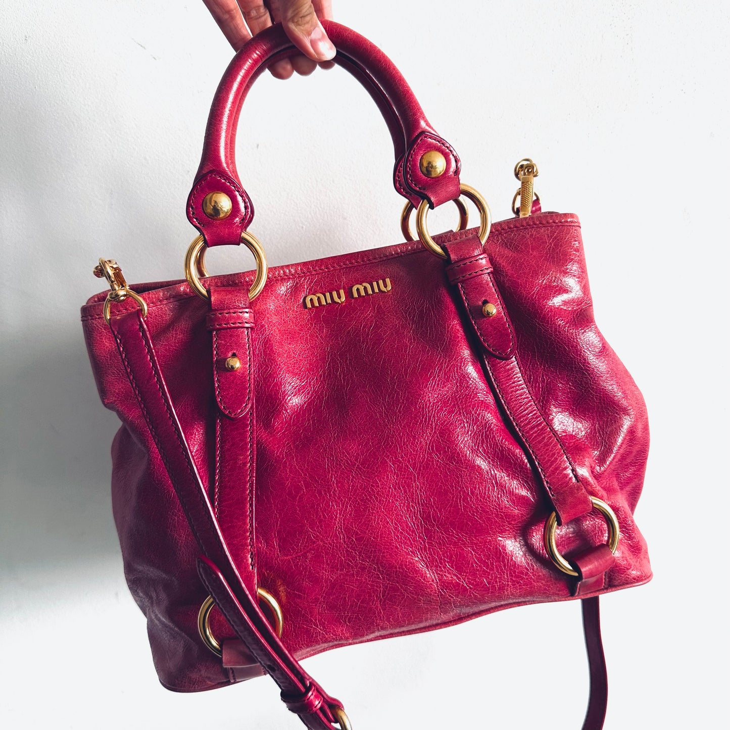Miu Miu Fuchsia Pink GHW Vitello Lux Classic Logo 2-Way Shopper Shoulder Bauletto Sling Tote Bag