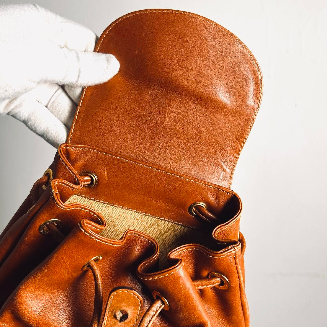 Gucci Caramel Brown GHW Bamboo Handle Small Leather Monogram Logo Flap Backpack Bag