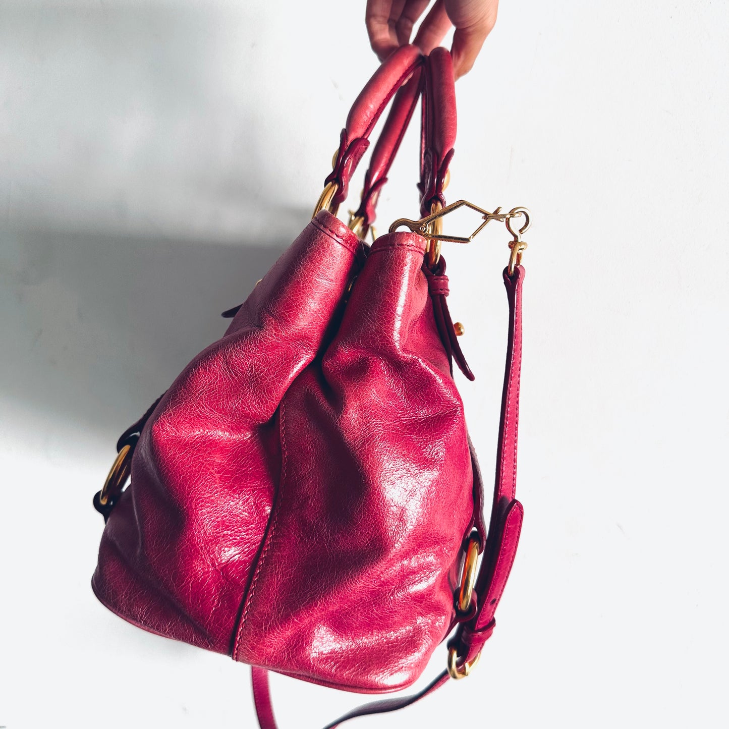 Miu Miu Fuchsia Pink GHW Vitello Lux Classic Logo 2-Way Shopper Shoulder Bauletto Sling Tote Bag