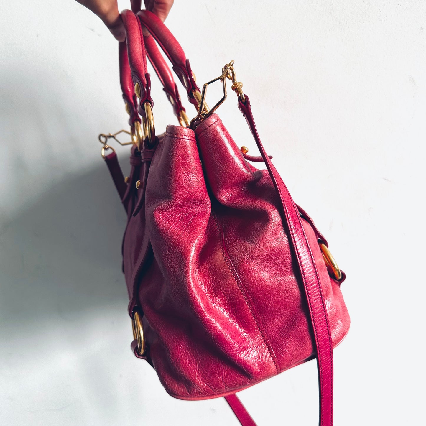 Miu Miu Fuchsia Pink GHW Vitello Lux Classic Logo 2-Way Shopper Shoulder Bauletto Sling Tote Bag