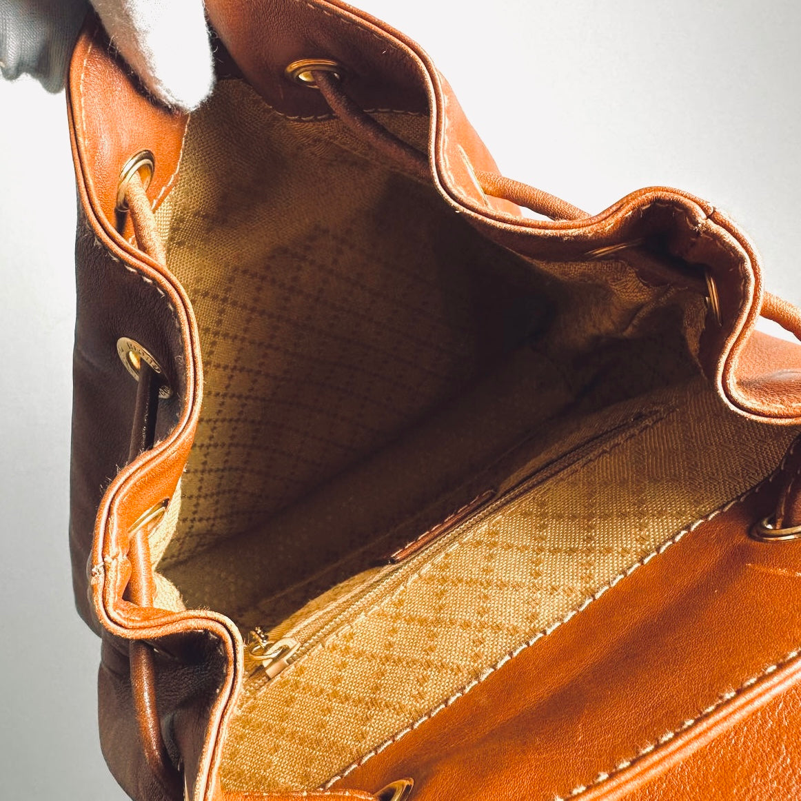 Gucci Caramel Brown GHW Bamboo Handle Small Leather Monogram Logo Flap Backpack Bag