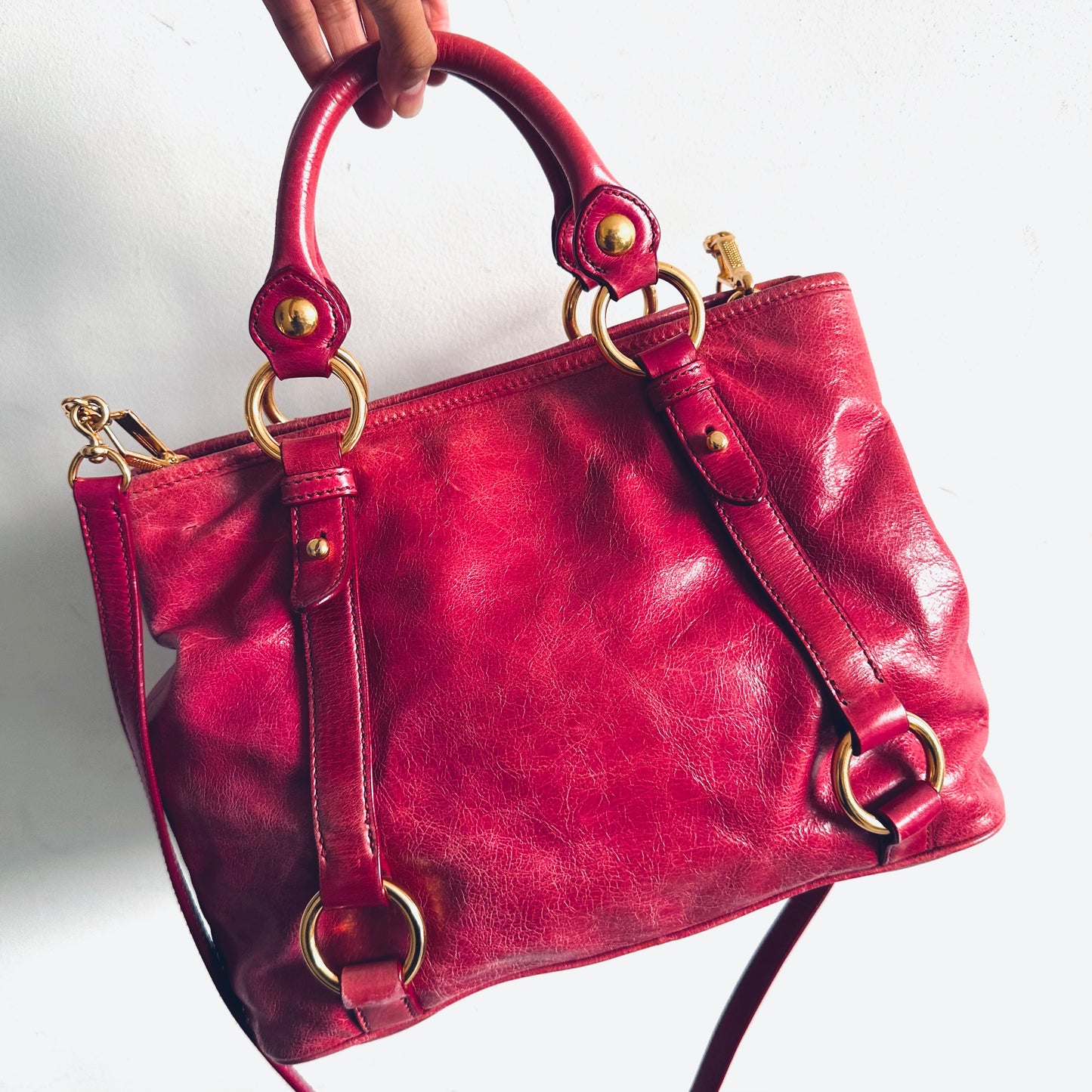 Miu Miu Fuchsia Pink GHW Vitello Lux Classic Logo 2-Way Shopper Shoulder Bauletto Sling Tote Bag