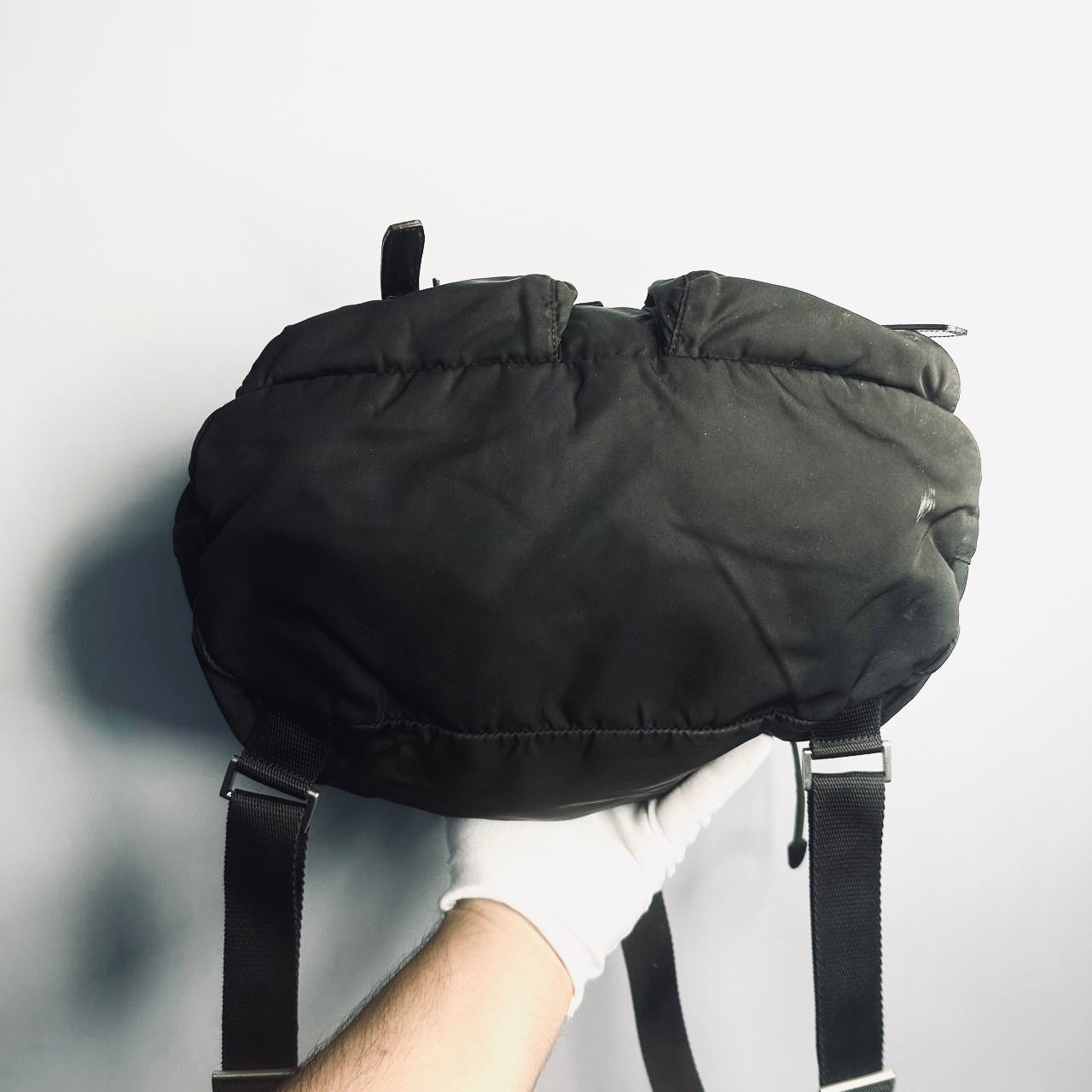 Prada Dark Khaki Classic Tessuto Monogram Logo Nylon & Leather Backpack Flap Drawstring Bag