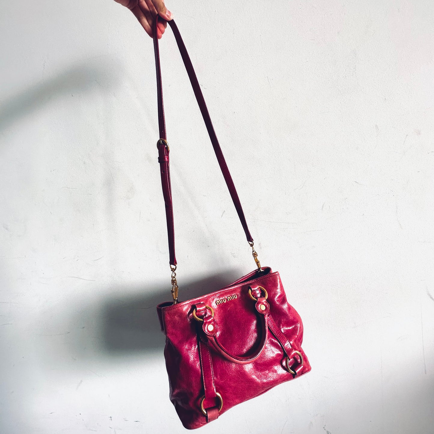 Miu Miu Fuchsia Pink GHW Vitello Lux Classic Logo 2-Way Shopper Shoulder Bauletto Sling Tote Bag