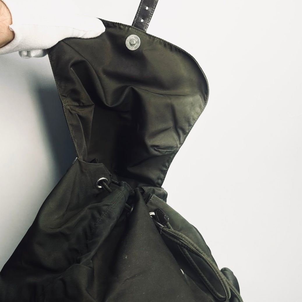 Prada Dark Khaki Classic Tessuto Monogram Logo Nylon & Leather Backpack Flap Drawstring Bag