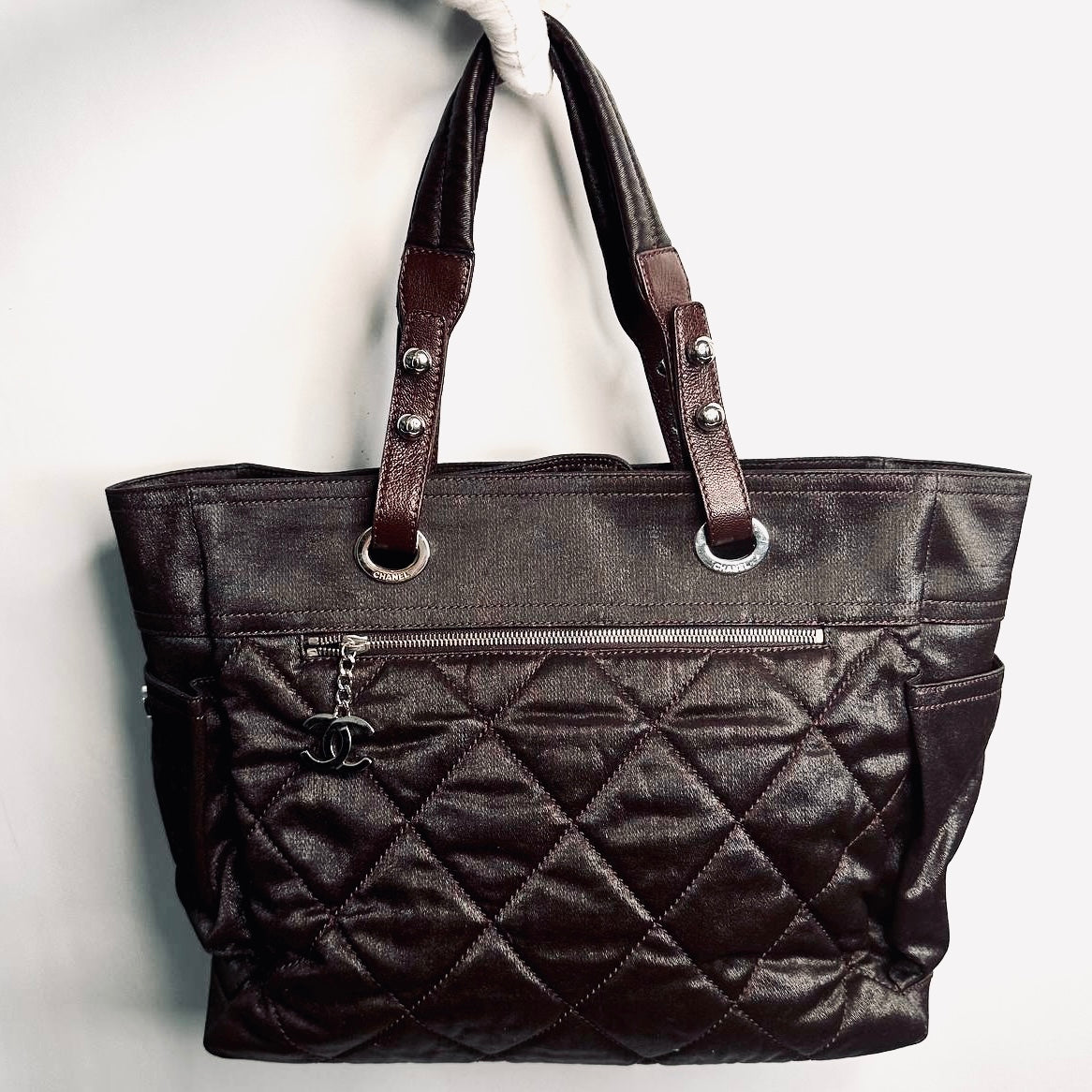 Chanel Dark Brown Paris Biarritz CC Monogram Logo Quilted Fabric & Leather Shopper Shoulder Tote Bag With Pouch 11s
