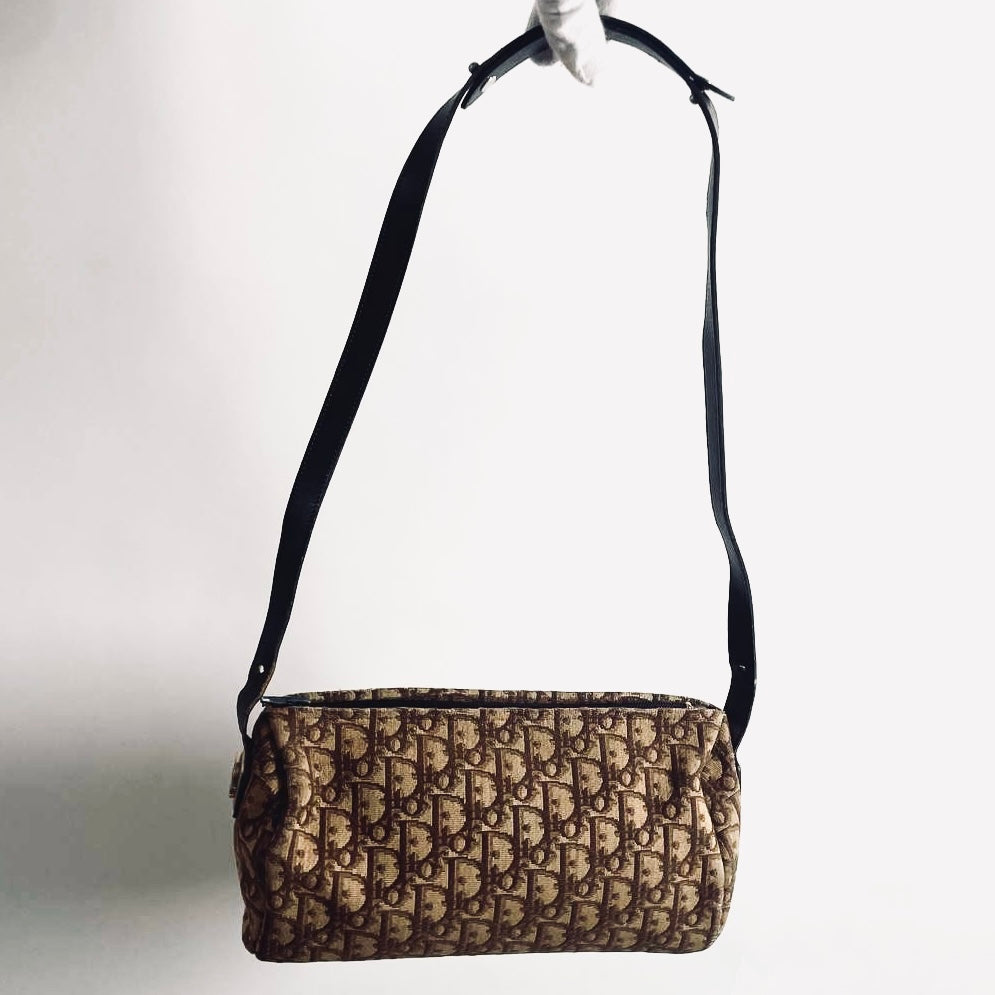 Christian Dior CD Brown GHW Oblique Monogram Logo Vintage 2-Way Roller Papillon Shoulder Sling Bag