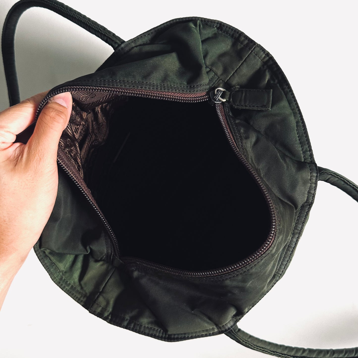 Prada Dark Khaki Tessuto Classic Logo Nylon Wide Zip Shoulder Tote Bag