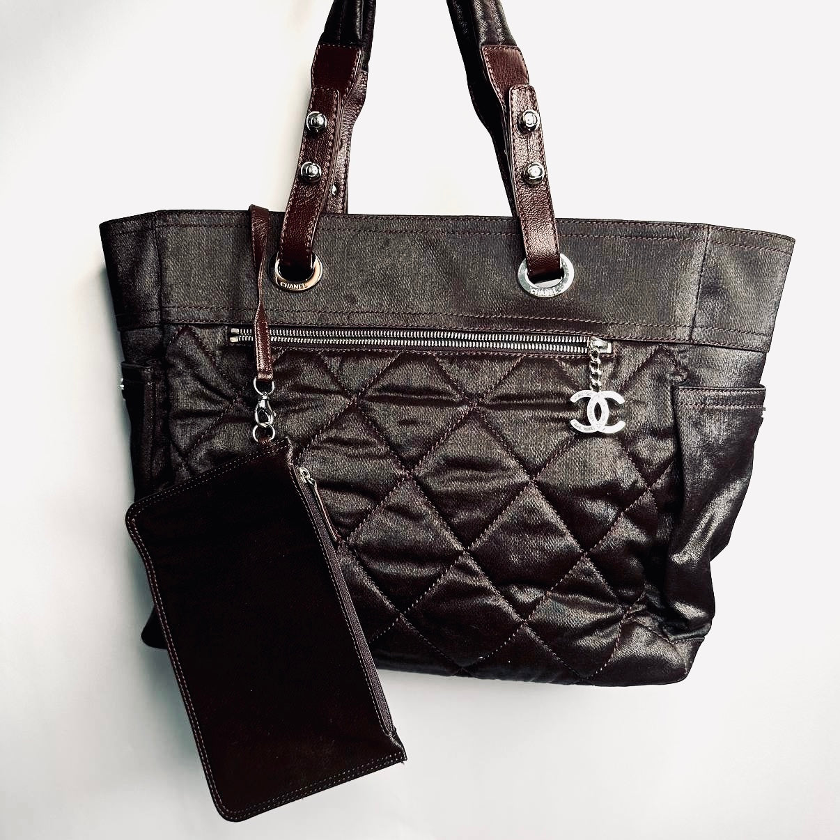 Chanel Dark Brown Paris Biarritz CC Monogram Logo Quilted Fabric & Leather Shopper Shoulder Tote Bag With Pouch 11s