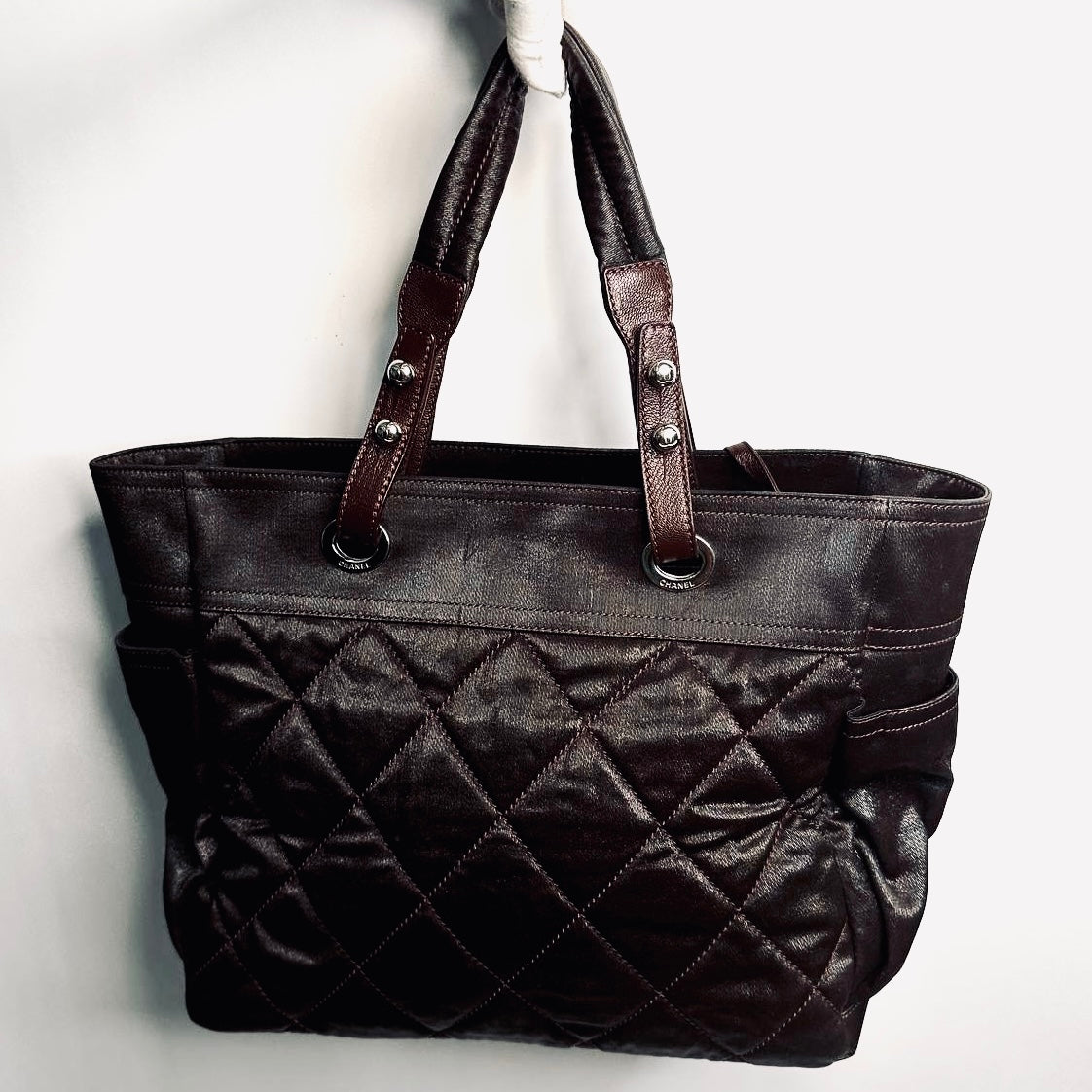Chanel Dark Brown Paris Biarritz CC Monogram Logo Quilted Fabric & Leather Shopper Shoulder Tote Bag With Pouch 11s