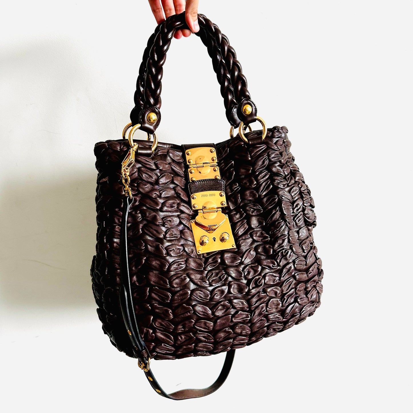 Miu Miu Dark Brown GHW Gaufre Matelasse Lux Leather Classic Logo 2-Way Bauletto Hobo Shopper Shoulder Baguette Sling Bag