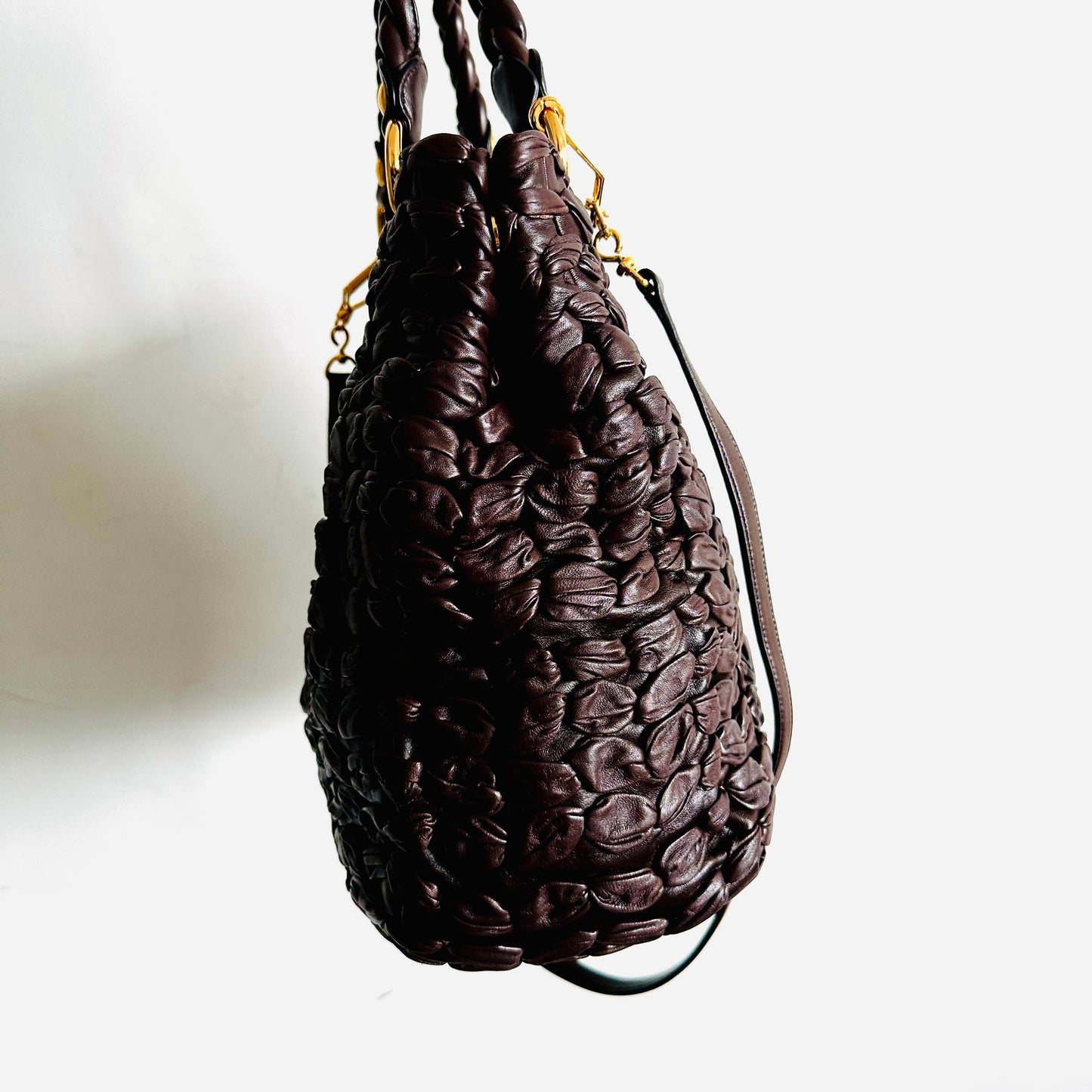 Miu Miu Dark Brown GHW Gaufre Matelasse Lux Leather Classic Logo 2-Way Bauletto Hobo Shopper Shoulder Baguette Sling Bag