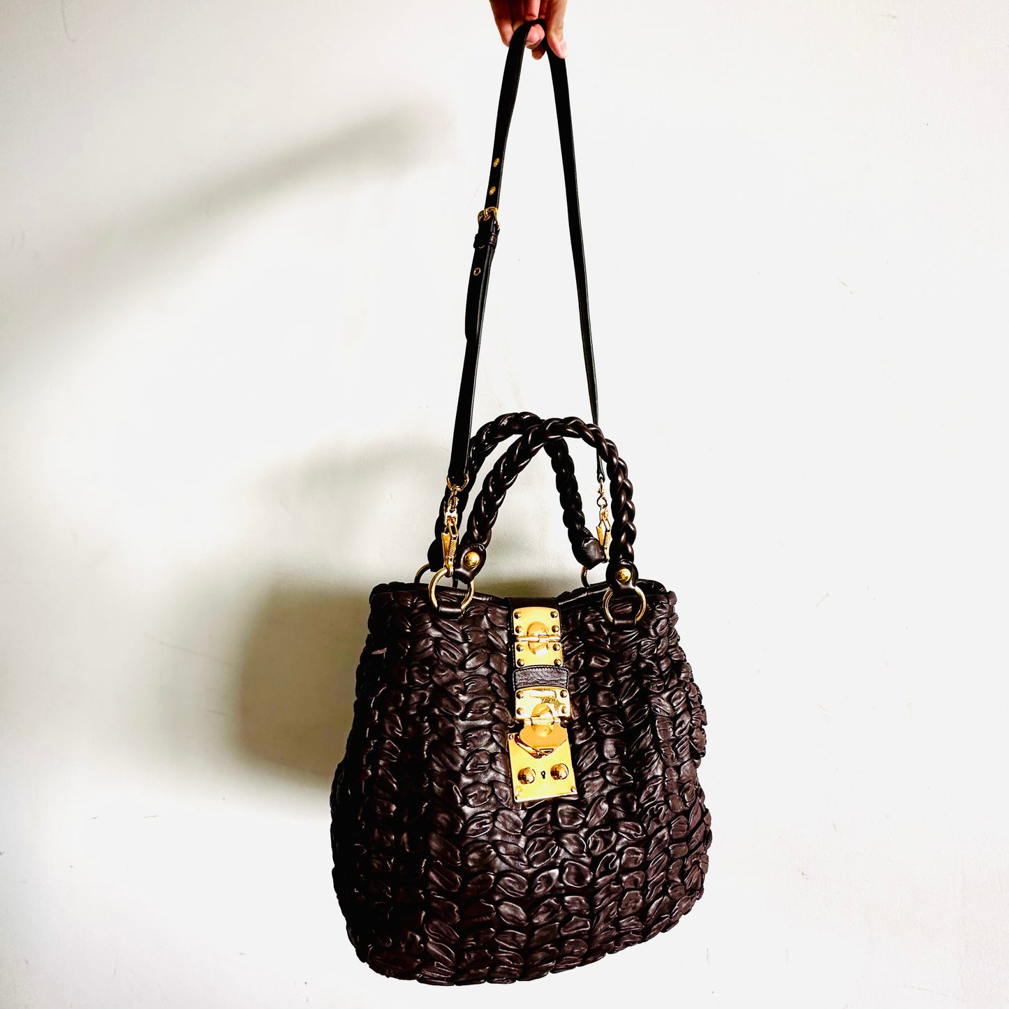 Miu Miu Dark Brown GHW Gaufre Matelasse Lux Leather Classic Logo 2-Way Bauletto Hobo Shopper Shoulder Baguette Sling Bag
