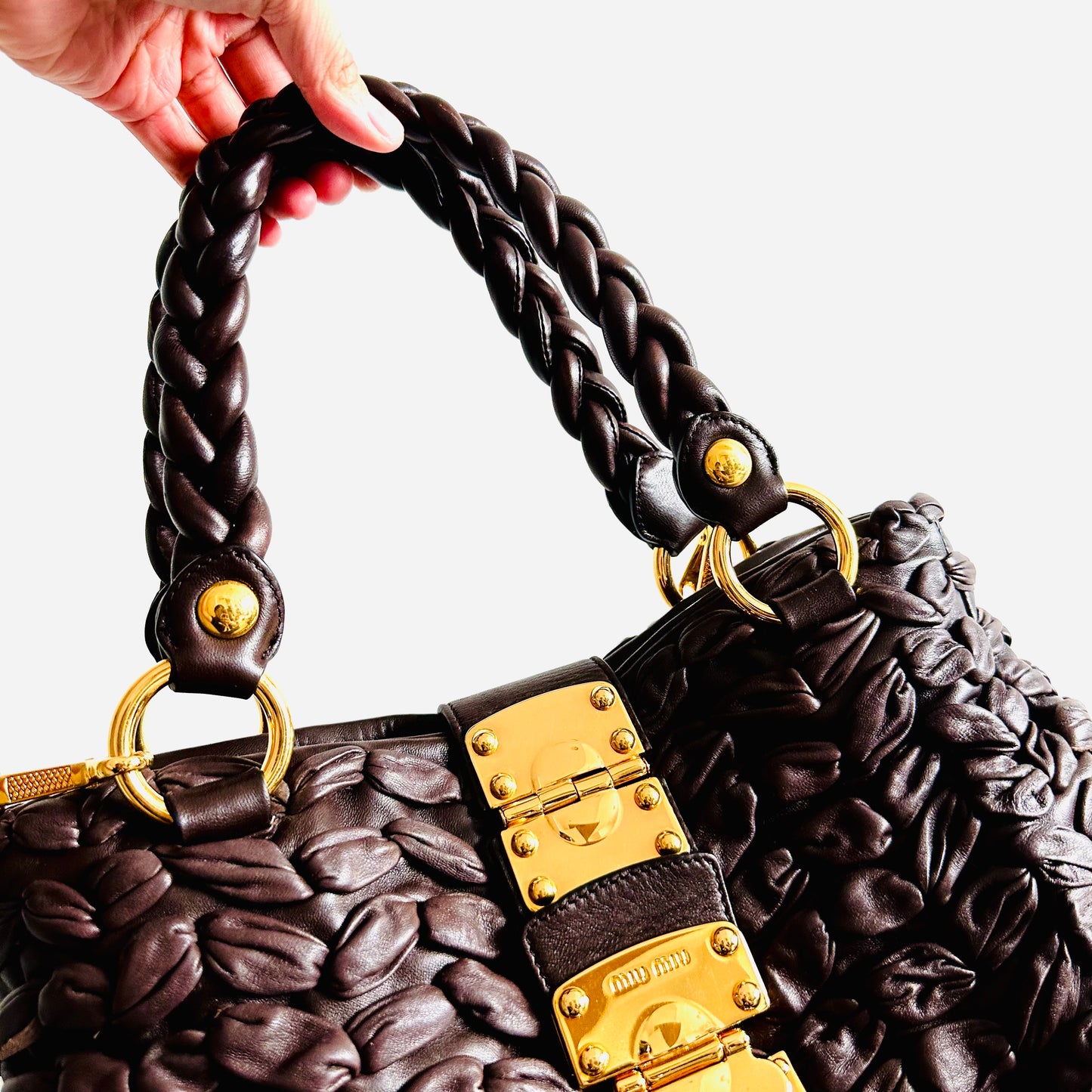 Miu Miu Dark Brown GHW Gaufre Matelasse Lux Leather Classic Logo 2-Way Bauletto Hobo Shopper Shoulder Baguette Sling Bag